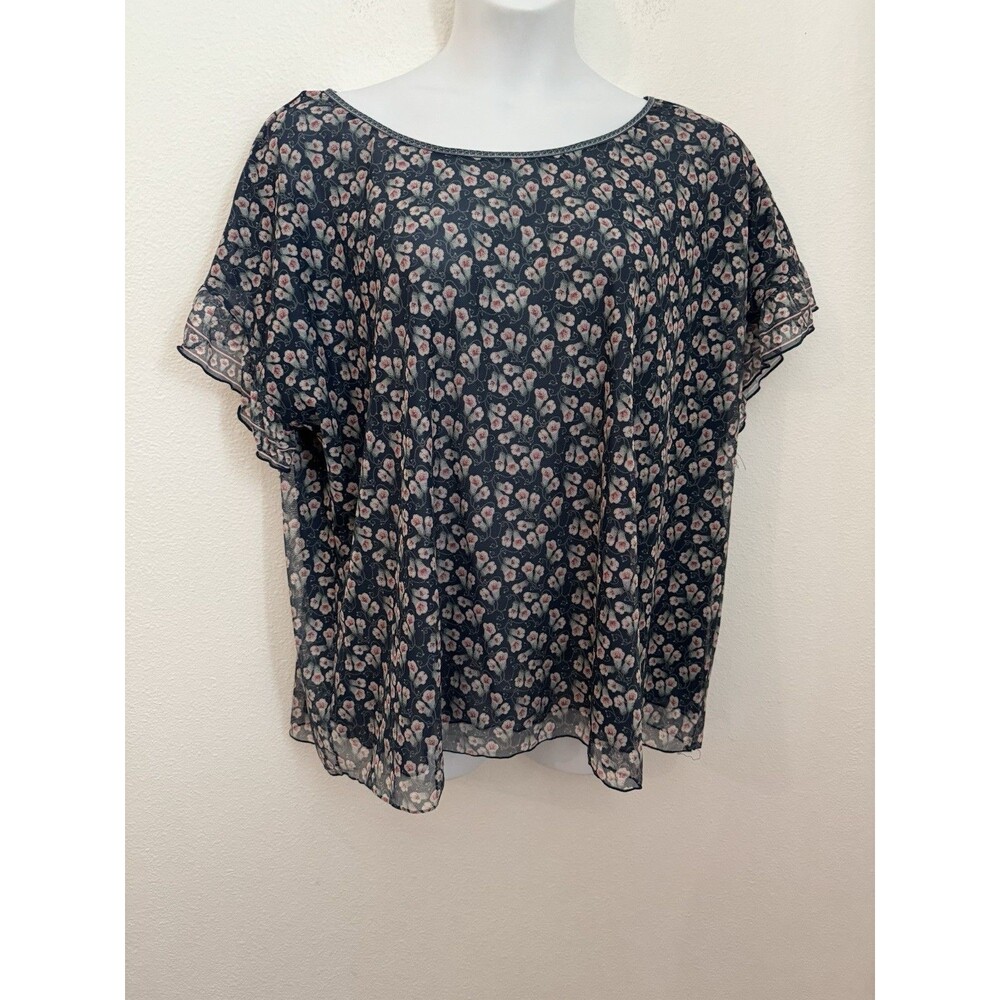 Max Studio Women's Teal Floral Mesh Top Sz 2X Flowy Bloomcore Cottagecore Office